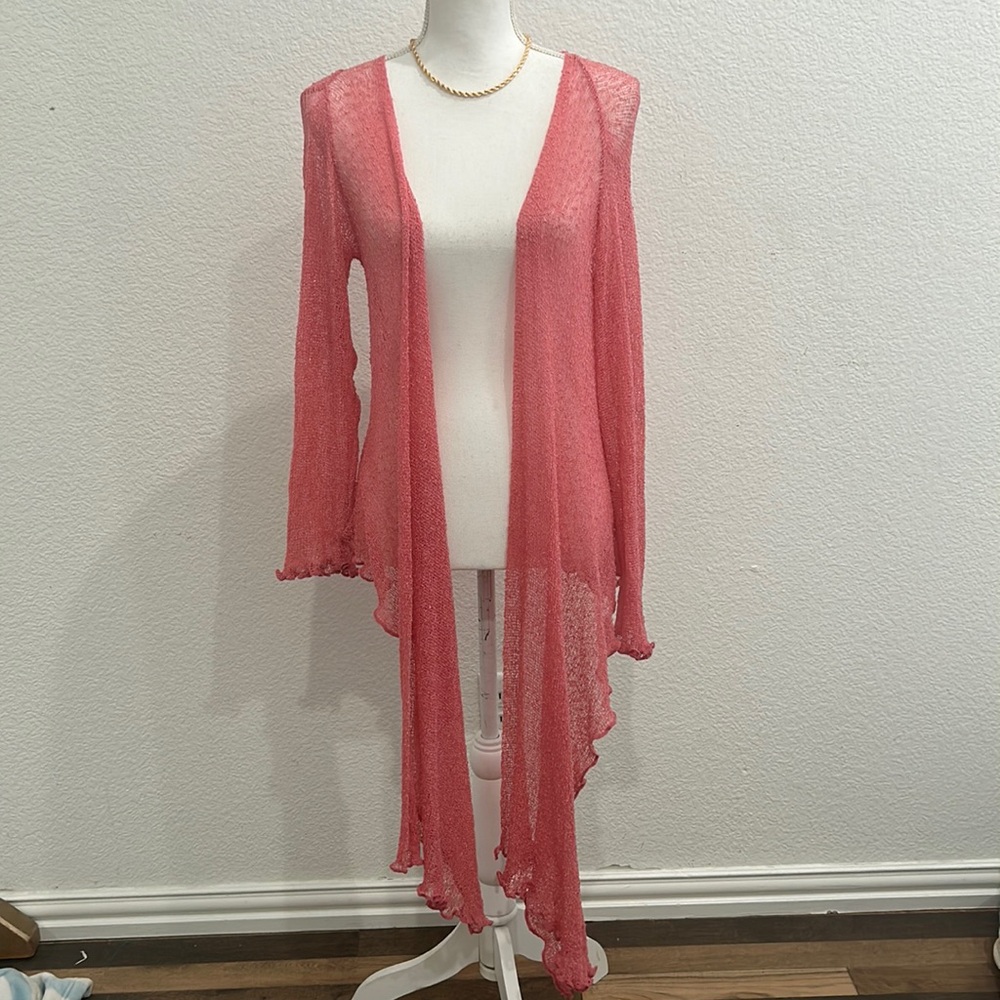 Pink Mesh Flowy Lettuce Hem Summer Longsleeve Cover up Cardigan Smalll